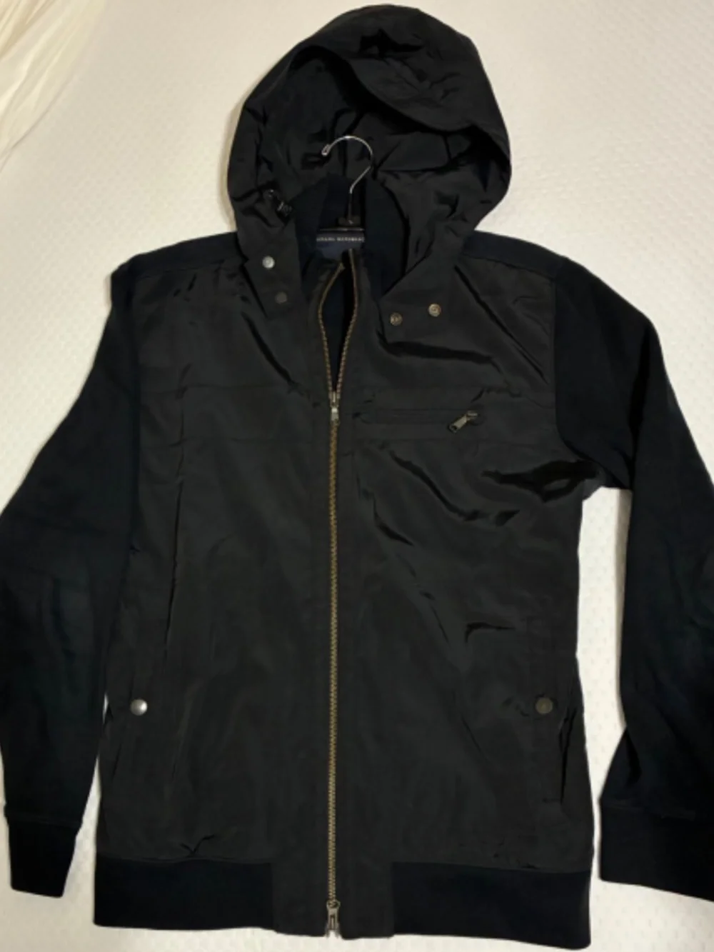 BANANA REPUBLIC MENS WINTER JACKET HOODIE BLACK FULL ZIP POCKETS SNAP SZ L KNIT